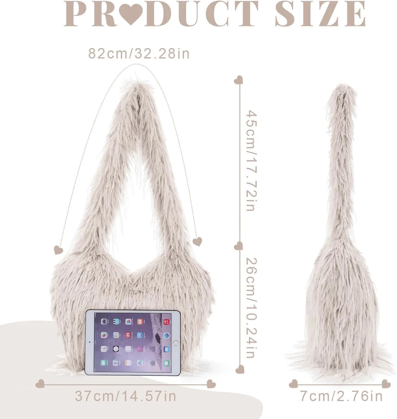 KUANG! Large Tote Bag for Women Faux fur Fuzzy Heart Shaped Purse Soft Shoulder Bag Fluffy Plush Trendy Girls Handbag