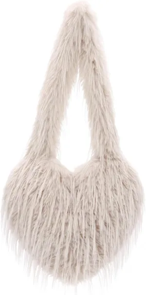 KUANG! Large Tote Bag for Women Faux fur Fuzzy Heart Shaped Purse Soft Shoulder Bag Fluffy Plush Trendy Girls Handbag