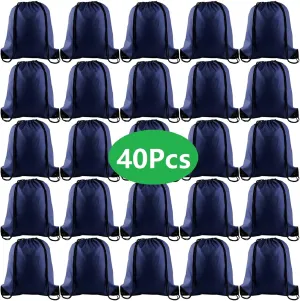 KUUQA 40Pcs Drawstring Backpack Bags Bulk Navy Blue Drawstring Bag Foldable Gym Bag Sport Cinch Sack String Backpack Storage Bags for Women Men Shopping Gym Travel Sports