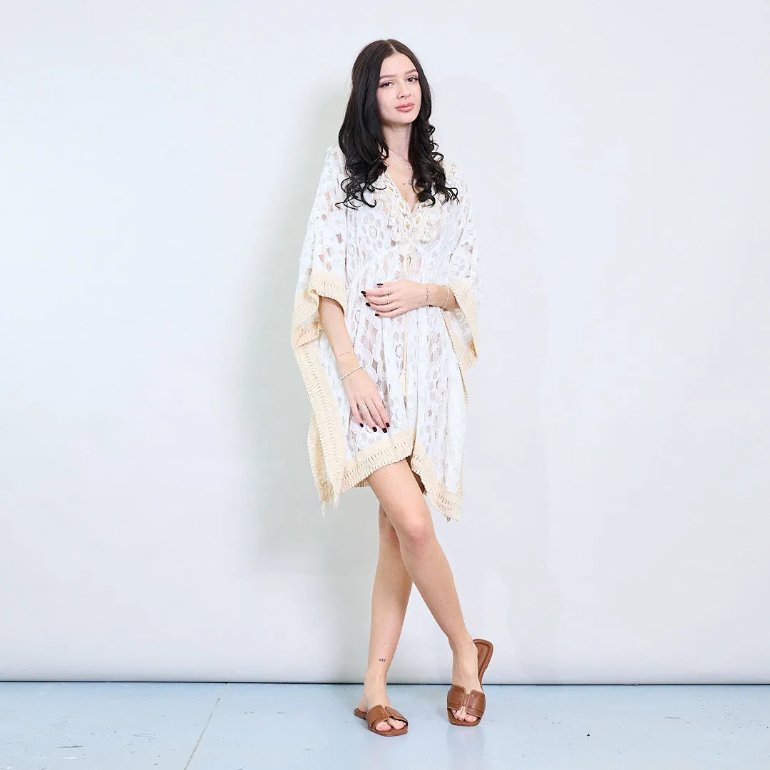 Lace kaftan blouse with fringe trim wholesale
