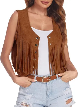 Ladies Fringe Vests Cowgirl Outfit for Women 70s Hippie Clothes Vest Jacket Faux Suede Tassels Western Cowgirl 2023