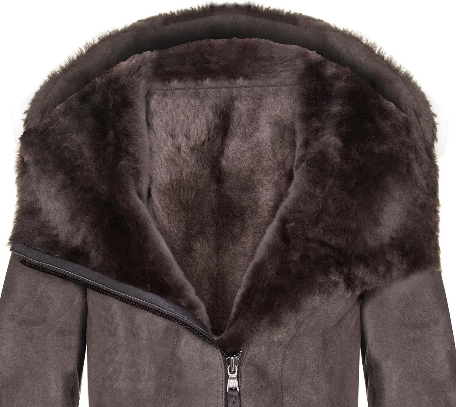 Ladies Hooded Shearling Sheepskin Merino Suede Leather Coat