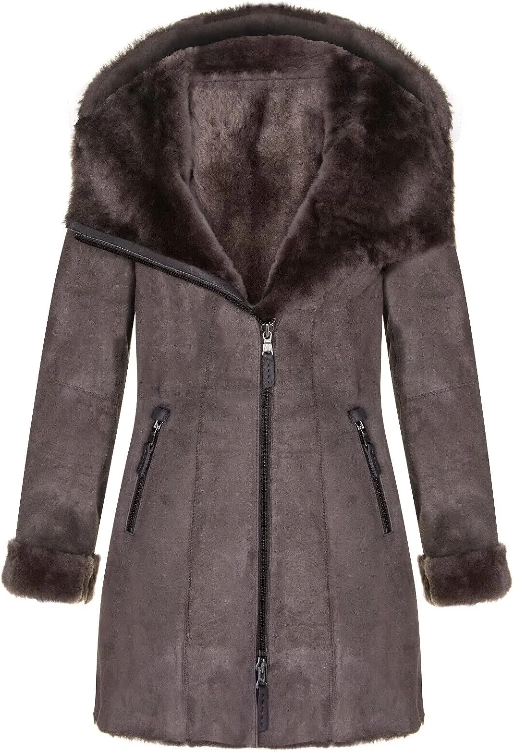 Ladies Hooded Shearling Sheepskin Merino Suede Leather Coat