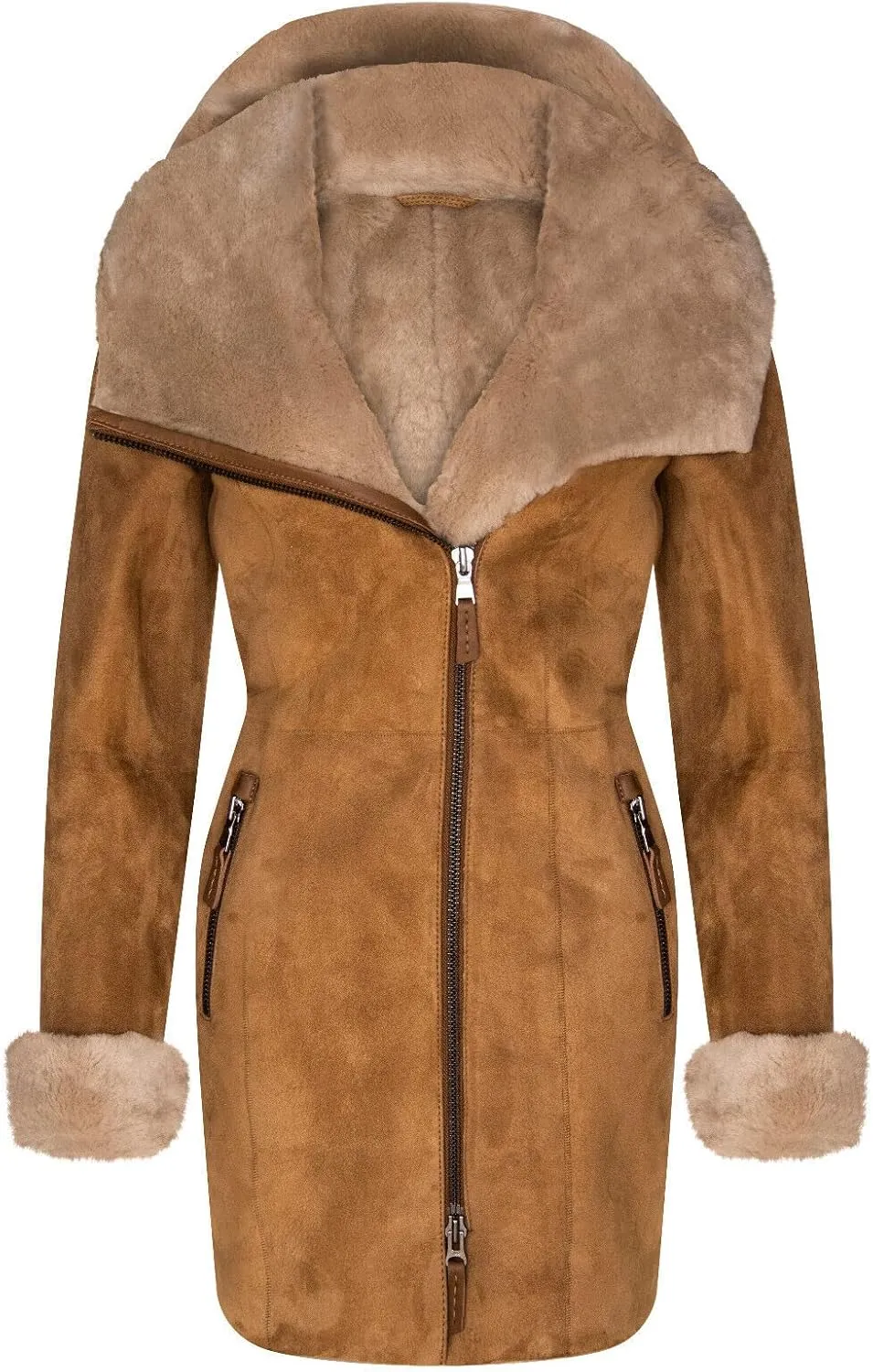 Ladies Hooded Shearling Sheepskin Merino Suede Leather Coat