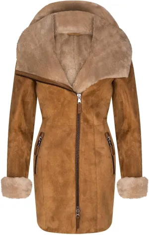 Ladies Hooded Shearling Sheepskin Merino Suede Leather Coat