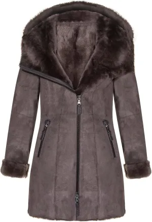 Ladies Hooded Shearling Sheepskin Merino Suede Leather Coat
