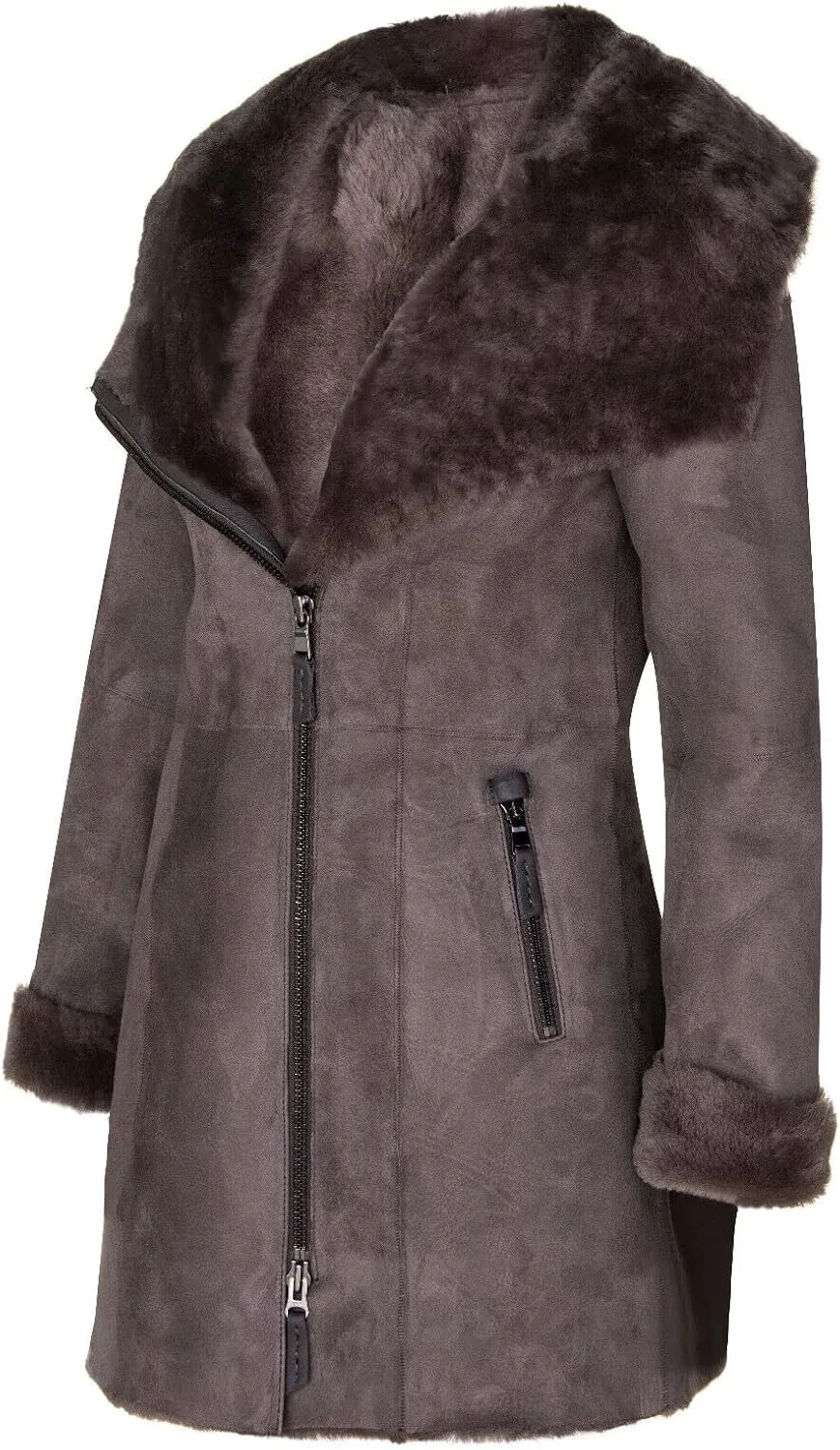 Ladies Hooded Shearling Sheepskin Merino Suede Leather Coat