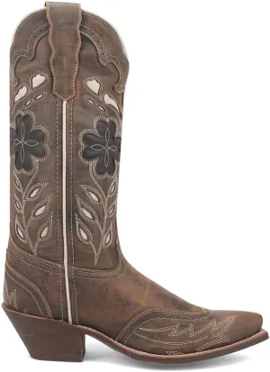 Laredo Womens Zuri Leather Floral Embroidered Snip Toe Casual Boots Mid Calf Low Heel 1-2" - Brown