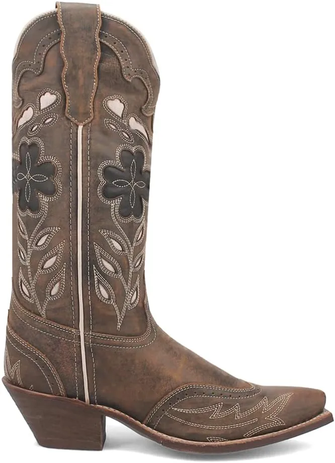 Laredo Womens Zuri Leather Floral Embroidered Snip Toe Casual Boots Mid Calf Low Heel 1-2" - Brown