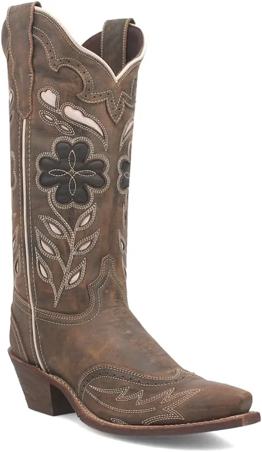 Laredo Womens Zuri Leather Floral Embroidered Snip Toe Casual Boots Mid Calf Low Heel 1-2" - Brown