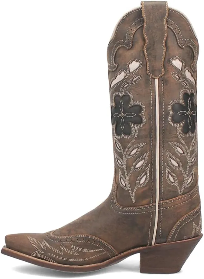 Laredo Womens Zuri Leather Floral Embroidered Snip Toe Casual Boots Mid Calf Low Heel 1-2" - Brown