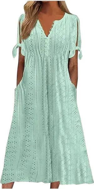 Lastesso Sundresses for Women 2025 Trendy Button Down Neck Short Sleeve Dresses with Pockets Lightweight Vacation Dresses