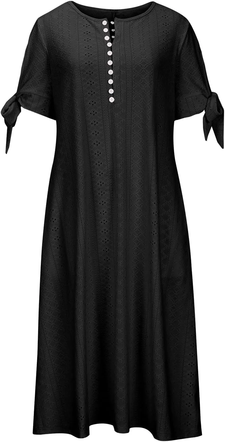 Lastesso Sundresses for Women 2025 Trendy Button Down Neck Short Sleeve Dresses with Pockets Lightweight Vacation Dresses