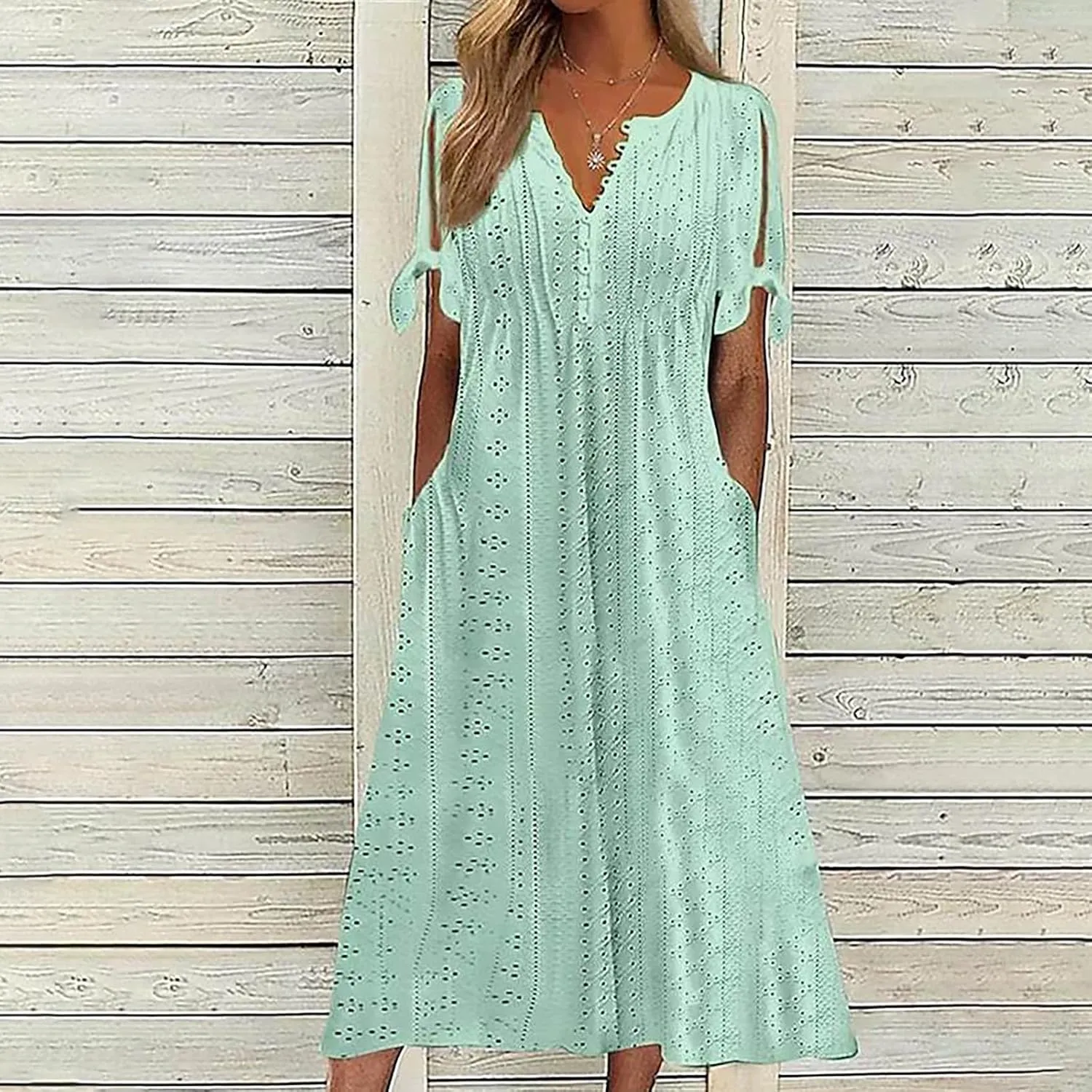 Lastesso Sundresses for Women 2025 Trendy Button Down Neck Short Sleeve Dresses with Pockets Lightweight Vacation Dresses