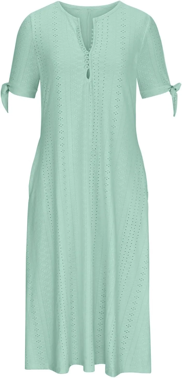 Lastesso Sundresses for Women 2025 Trendy Button Down Neck Short Sleeve Dresses with Pockets Lightweight Vacation Dresses