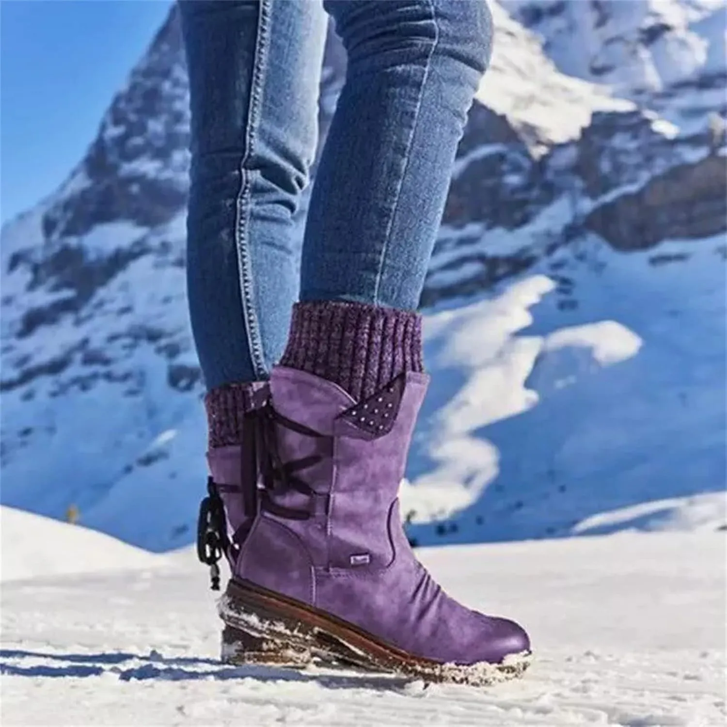 Lausiuoe Boots For Women Low Heel Mid Calf Side Zipper Slouchy Western Cowboy Booties Winter Warm Non Slip Platform Outdoor Shoes