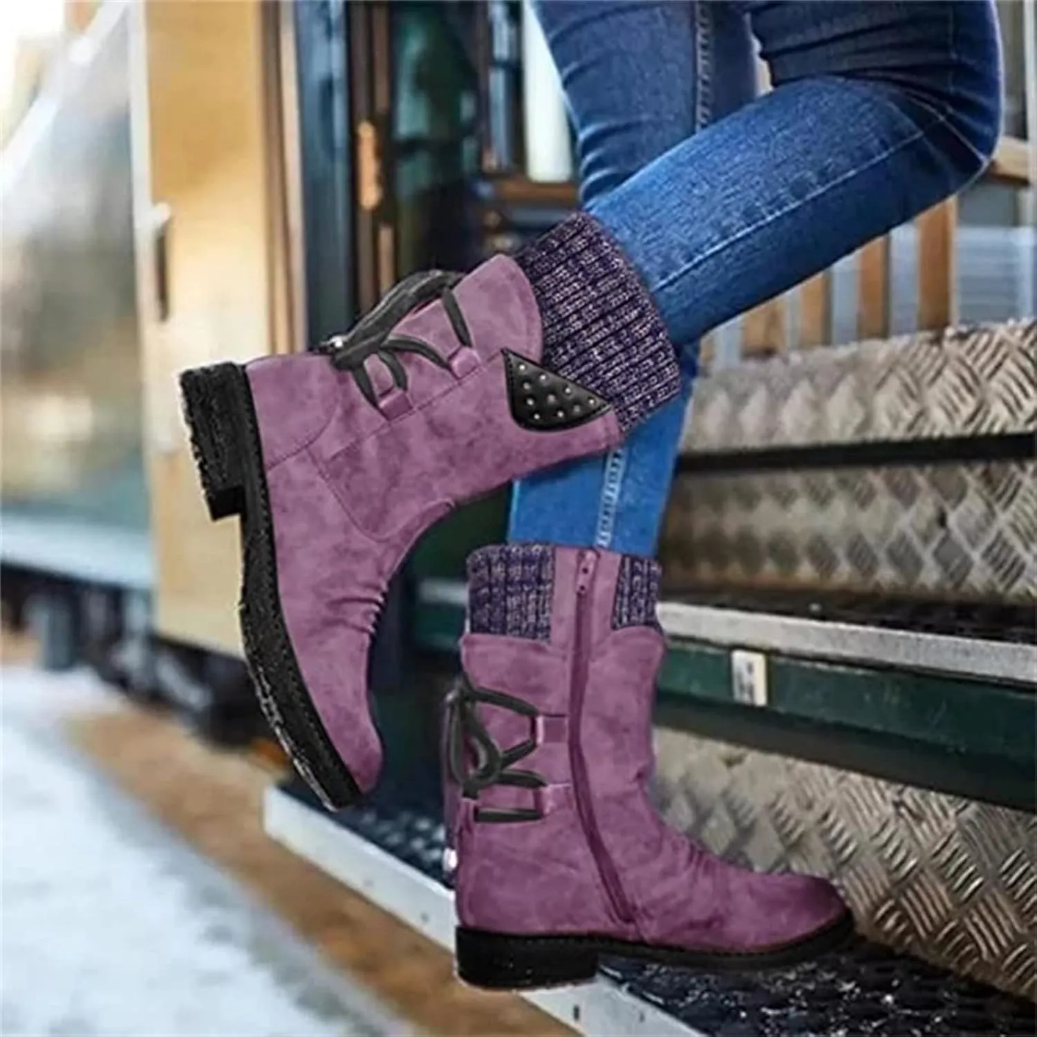 Lausiuoe Boots For Women Low Heel Mid Calf Side Zipper Slouchy Western Cowboy Booties Winter Warm Non Slip Platform Outdoor Shoes