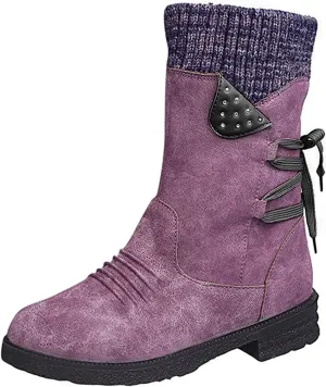 Lausiuoe Boots For Women Low Heel Mid Calf Side Zipper Slouchy Western Cowboy Booties Winter Warm Non Slip Platform Outdoor Shoes