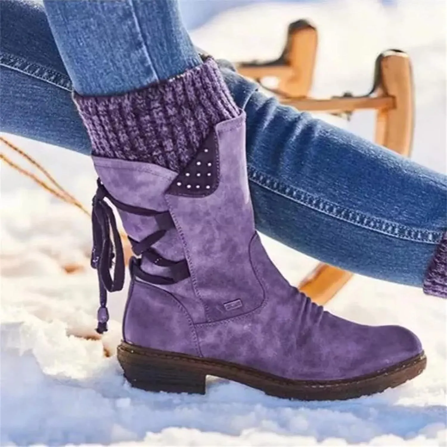 Lausiuoe Boots For Women Low Heel Mid Calf Side Zipper Slouchy Western Cowboy Booties Winter Warm Non Slip Platform Outdoor Shoes