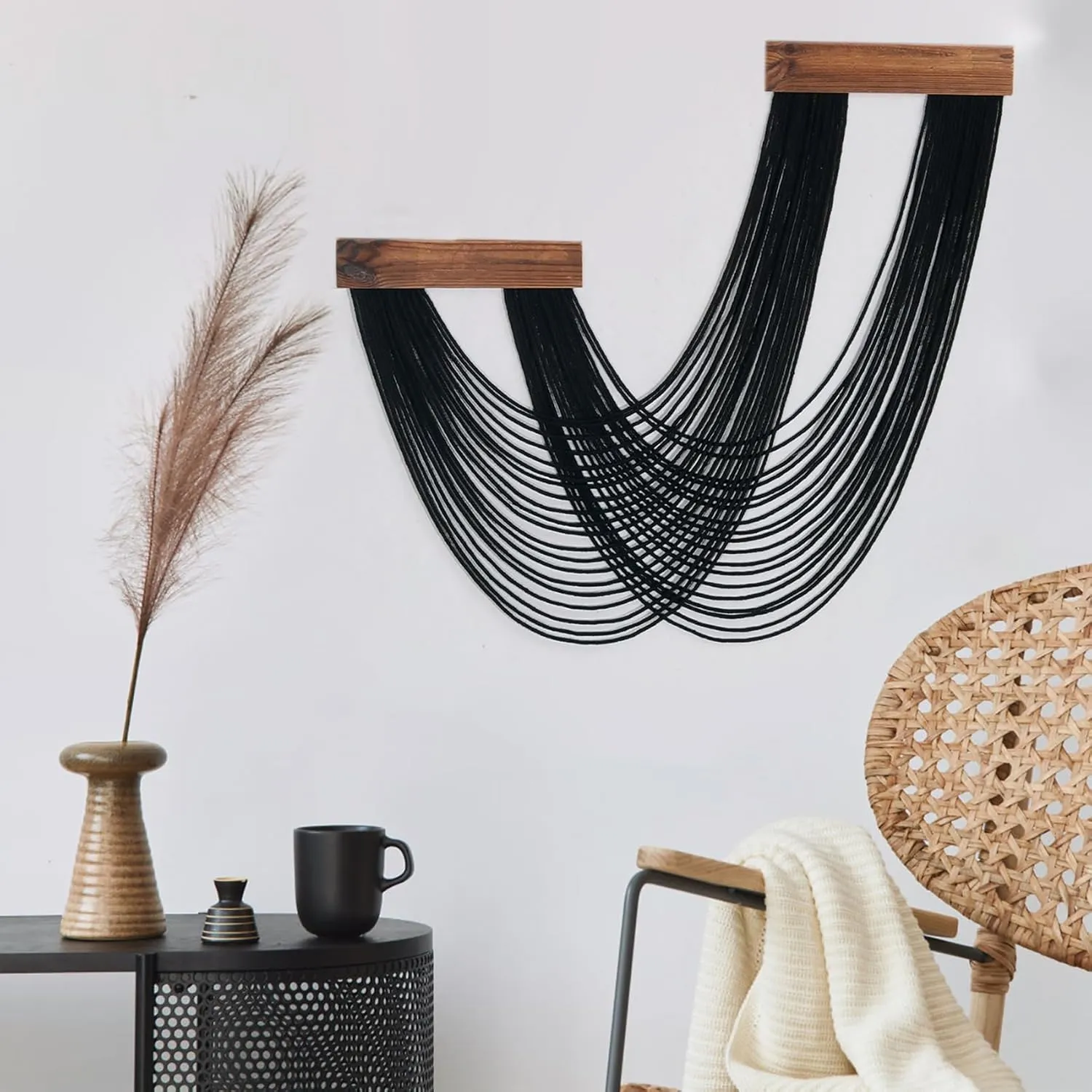 LB Macrame Wall Hanging Large, Black Boho Macrame Tapestry Wall Decor Handmade Woven Chic Bohemian Macrame Wall Art Decor for Bedroom Living Room Office Bathroom Nursery