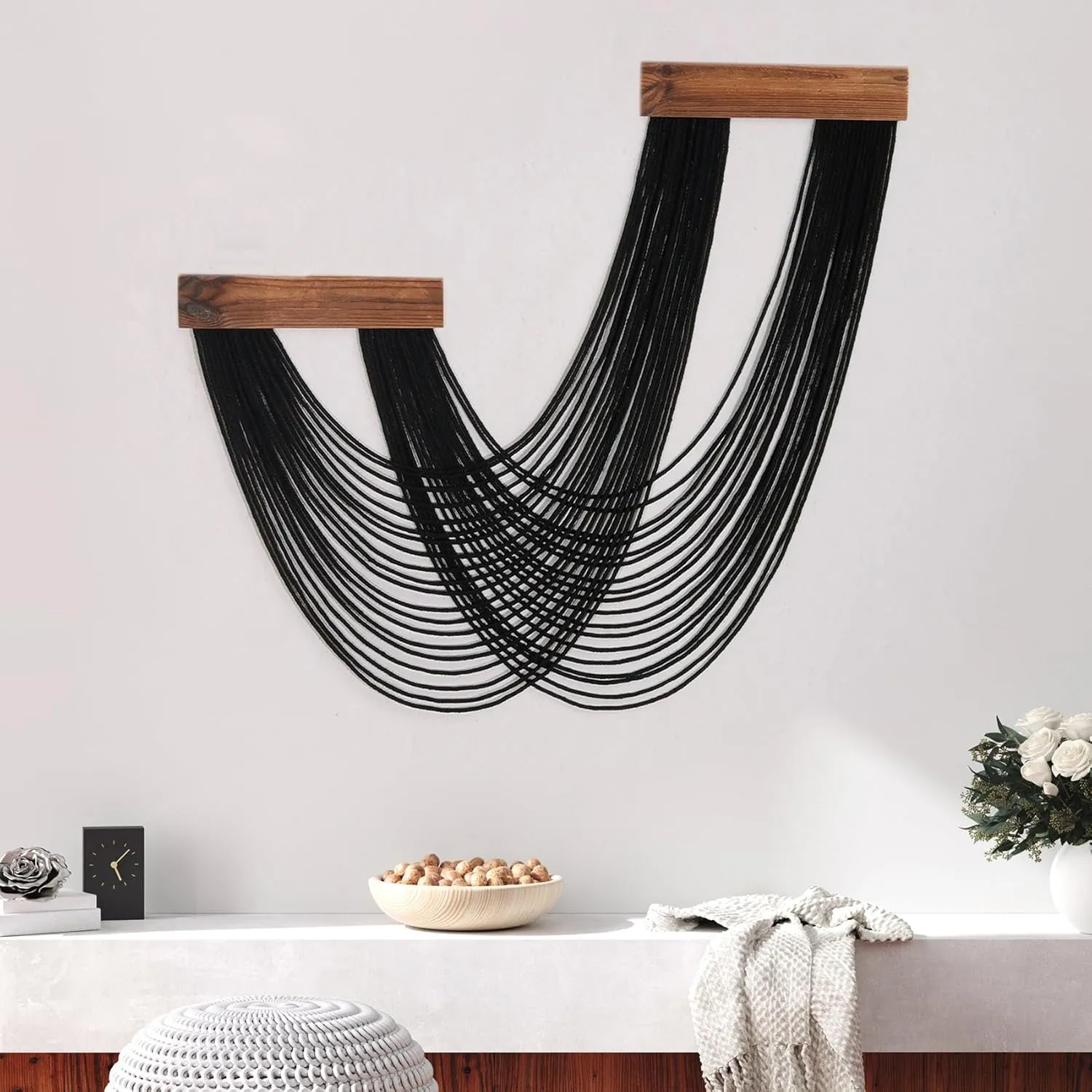 LB Macrame Wall Hanging Large, Black Boho Macrame Tapestry Wall Decor Handmade Woven Chic Bohemian Macrame Wall Art Decor for Bedroom Living Room Office Bathroom Nursery