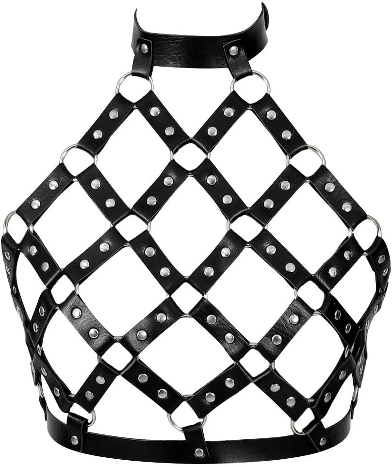 Leather Body Harness Bra for Women Punk Goth Tops Cage Strap Adjust Plus Size Festival Rave Costume