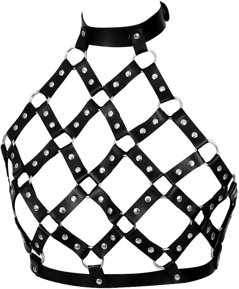 Leather Body Harness Bra for Women Punk Goth Tops Cage Strap Adjust Plus Size Festival Rave Costume