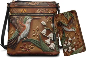 Leather Crossbody Purse Set for Women Girls, Multi Pockets Hobo Bag with PU Wristlet Wallet