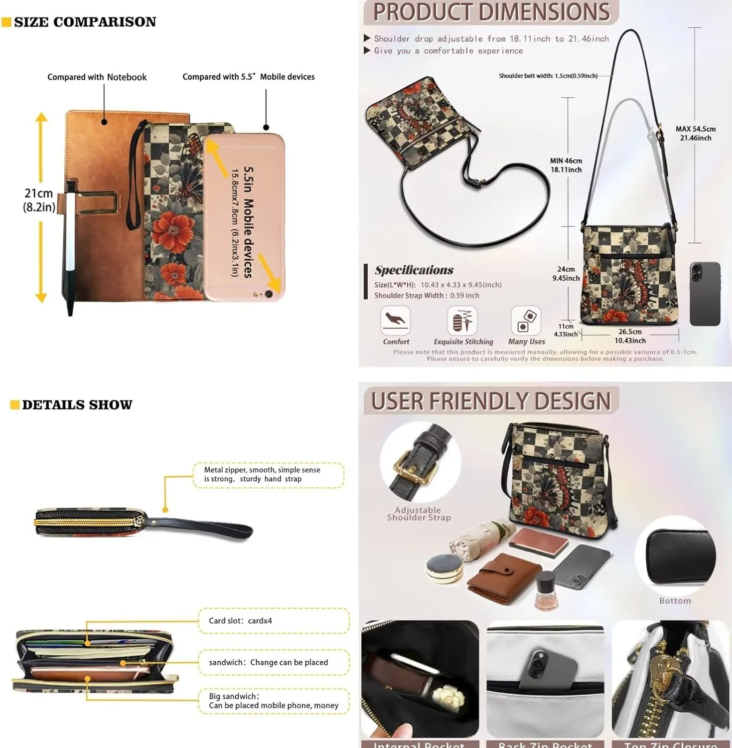 Leather Crossbody Purse Set for Women Girls, Multi Pockets Hobo Bag with PU Wristlet Wallet