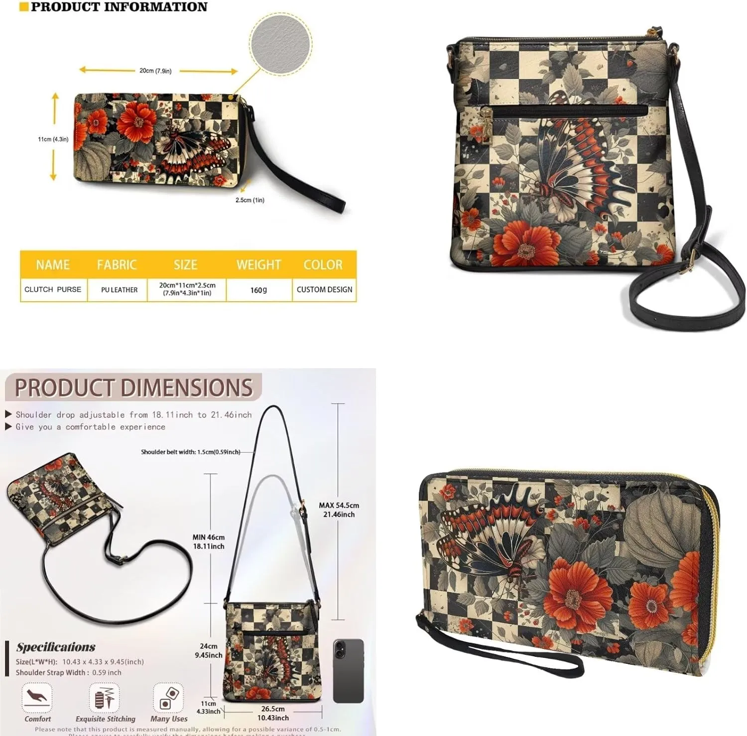 Leather Crossbody Purse Set for Women Girls, Multi Pockets Hobo Bag with PU Wristlet Wallet