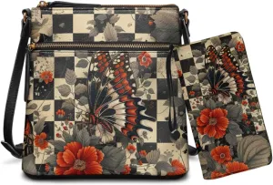 Leather Crossbody Purse Set for Women Girls, Multi Pockets Hobo Bag with PU Wristlet Wallet