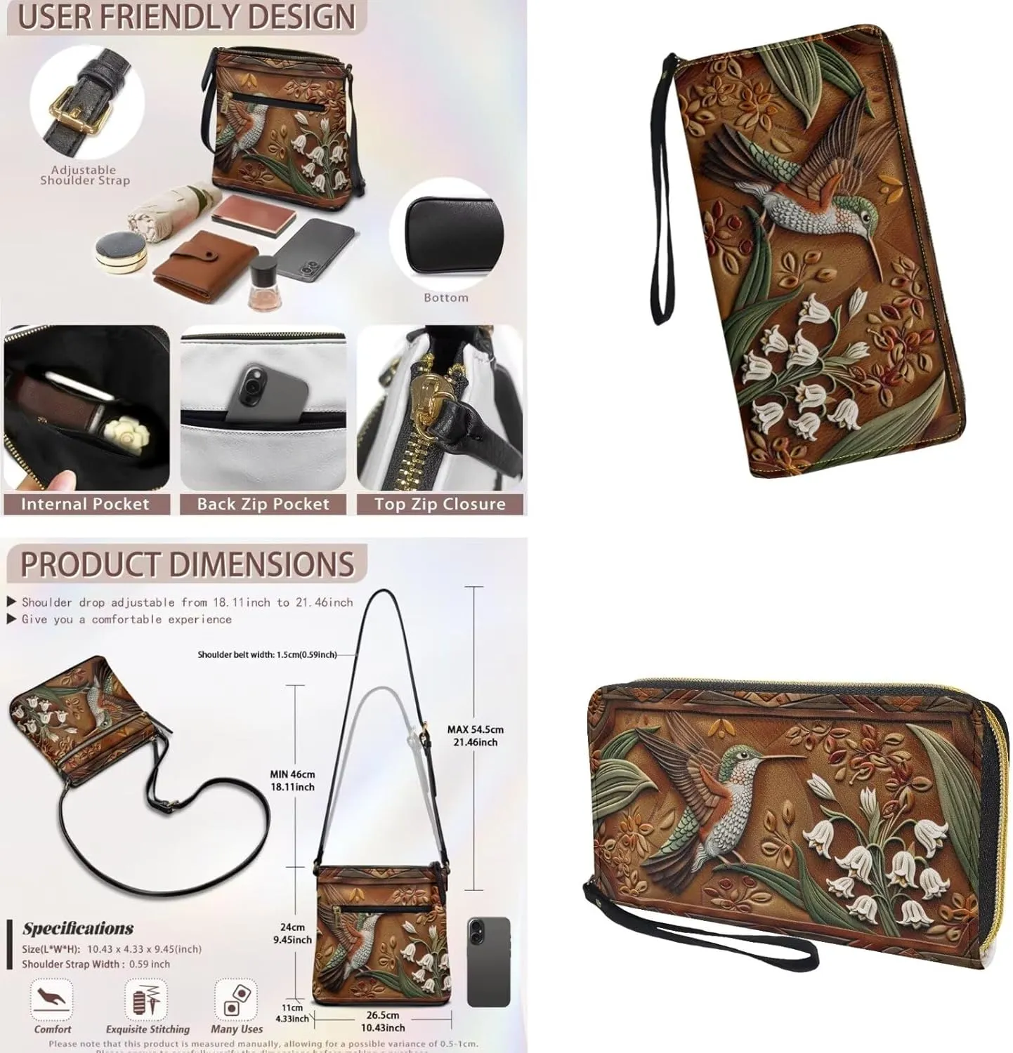 Leather Crossbody Purse Set for Women Girls, Multi Pockets Hobo Bag with PU Wristlet Wallet