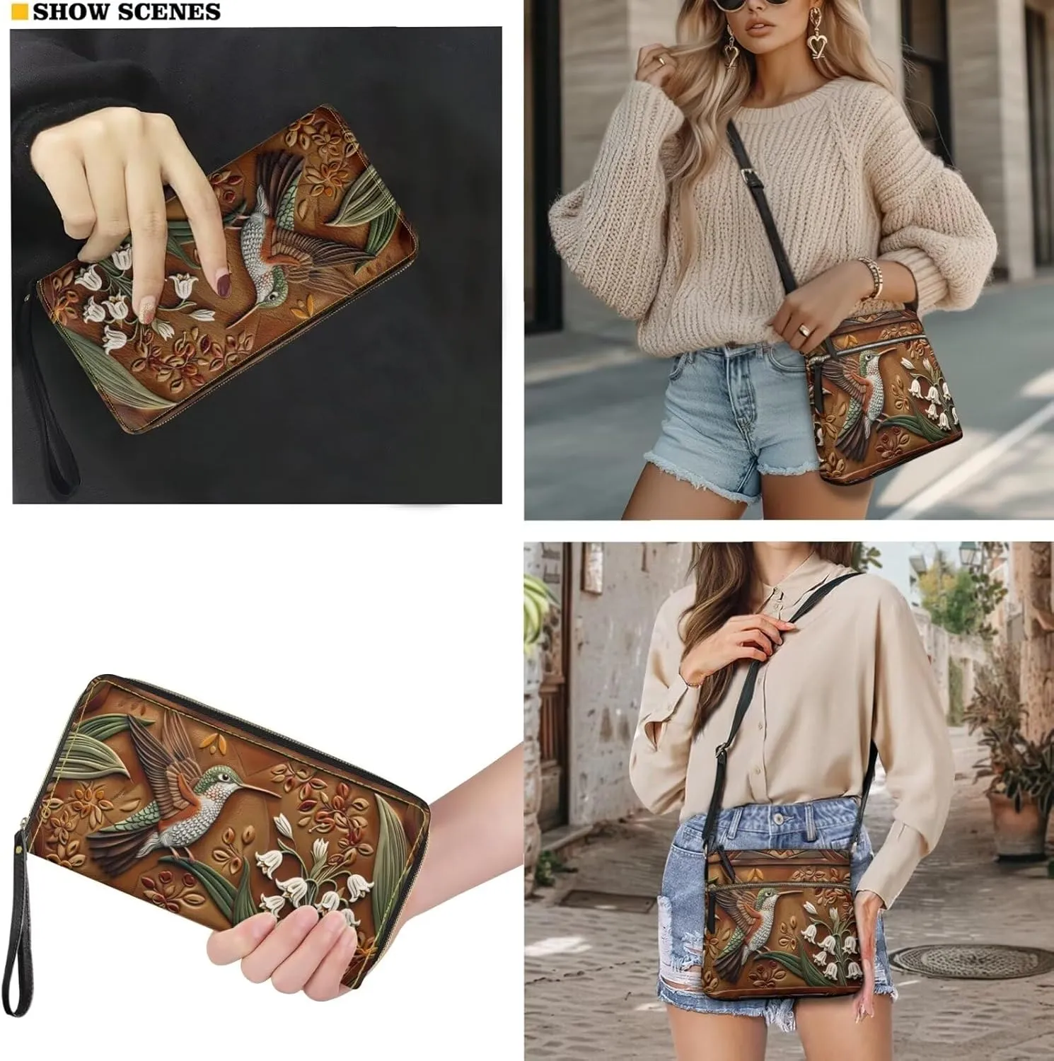 Leather Crossbody Purse Set for Women Girls, Multi Pockets Hobo Bag with PU Wristlet Wallet