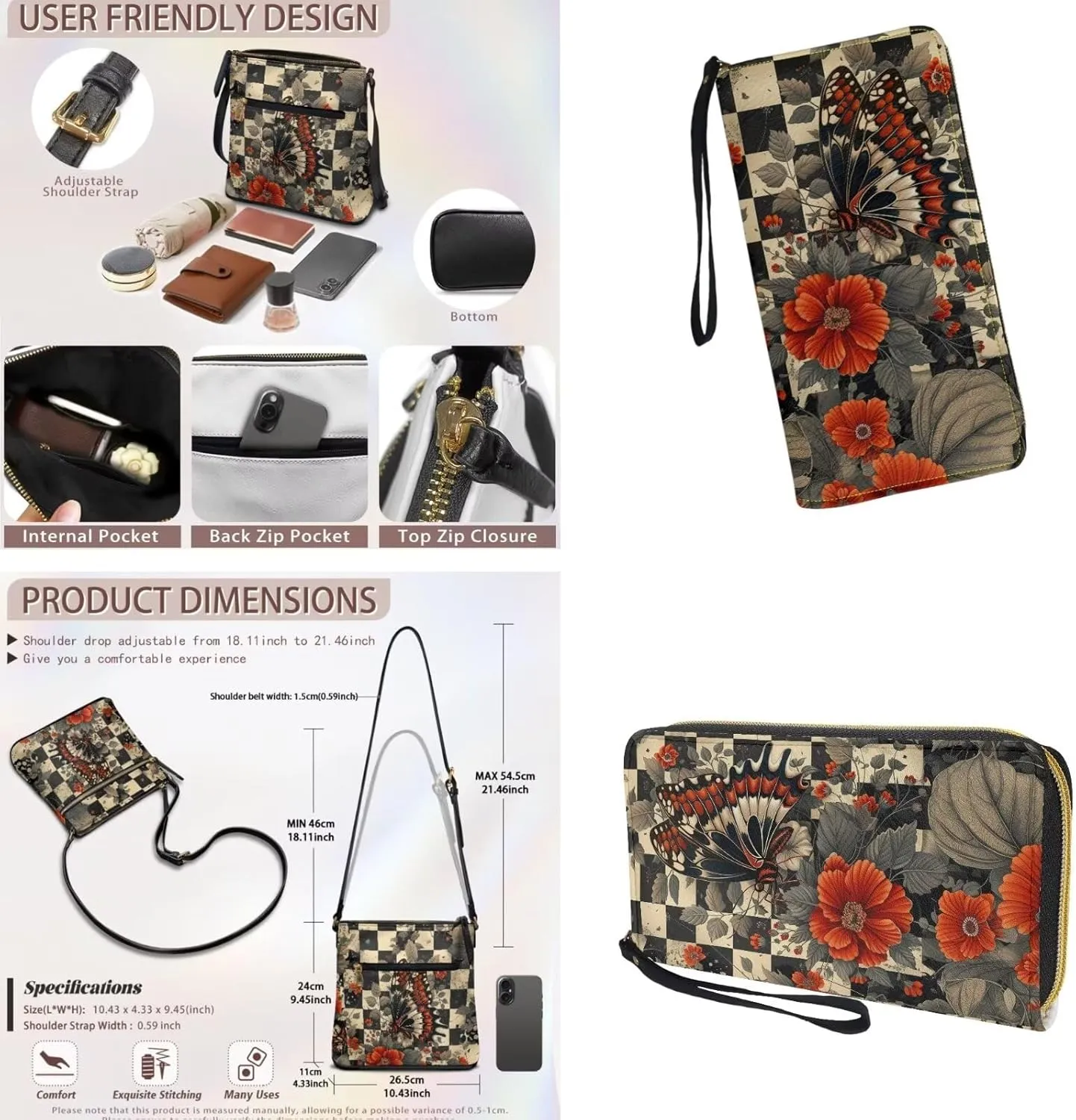 Leather Crossbody Purse Set for Women Girls, Multi Pockets Hobo Bag with PU Wristlet Wallet