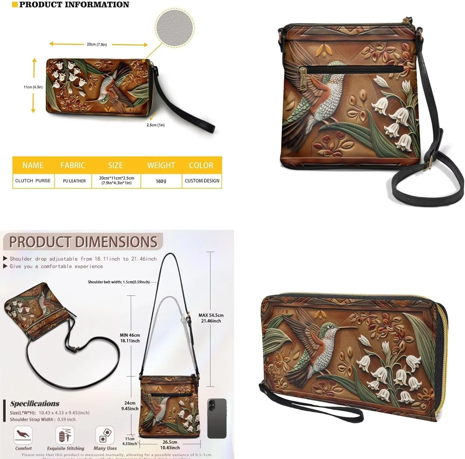 Leather Crossbody Purse Set for Women Girls, Multi Pockets Hobo Bag with PU Wristlet Wallet