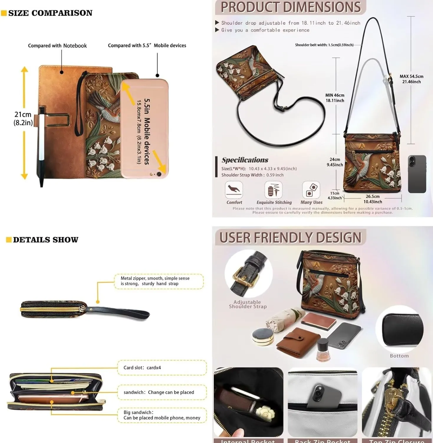Leather Crossbody Purse Set for Women Girls, Multi Pockets Hobo Bag with PU Wristlet Wallet