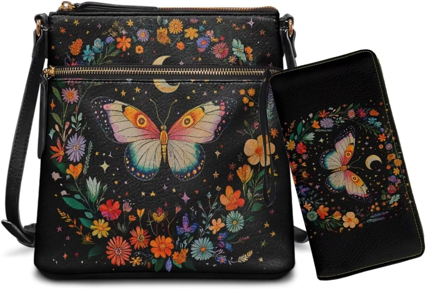 Leather Crossbody Purse Set Multi Pocket Hobo Bag Zipper Satchel Purse with Wristlet Wallet