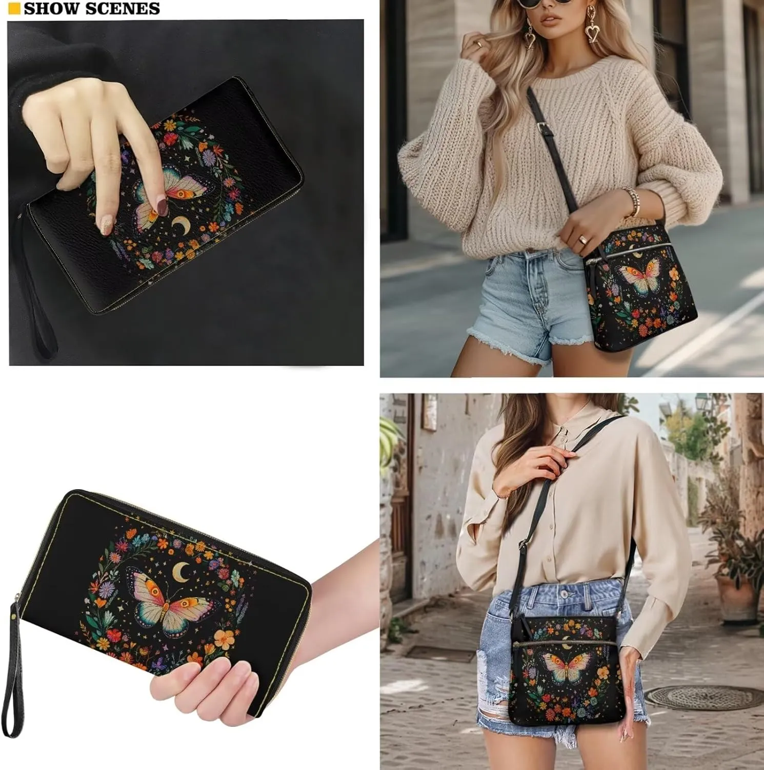 Leather Crossbody Purse Set Multi Pocket Hobo Bag Zipper Satchel Purse with Wristlet Wallet
