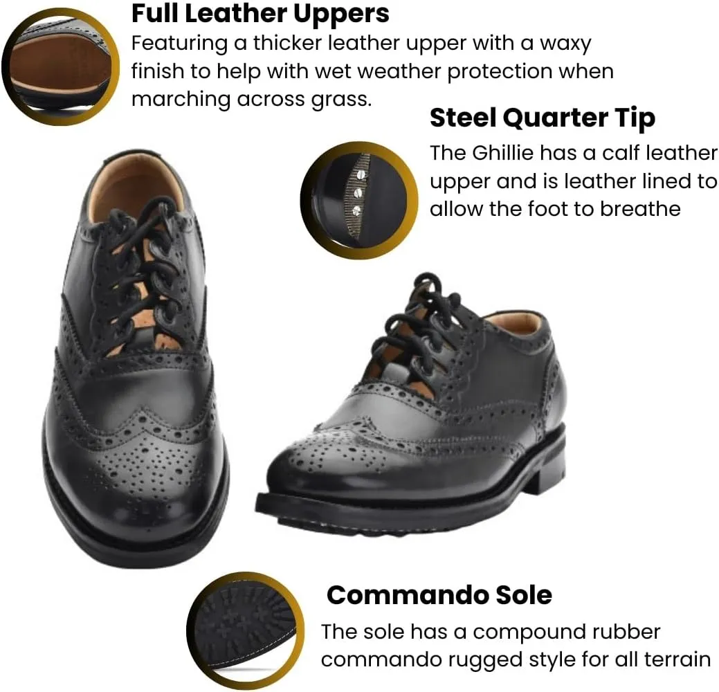 Leather Ghillie Brogue Kilt Shoes Traditional Scottish Piper and Highland Outfit Wedding Shoes Featuring Extra Long Laces & Leather Tassels - Sizes 6 – 17 Style – All Weather Sole Piper Color – Black