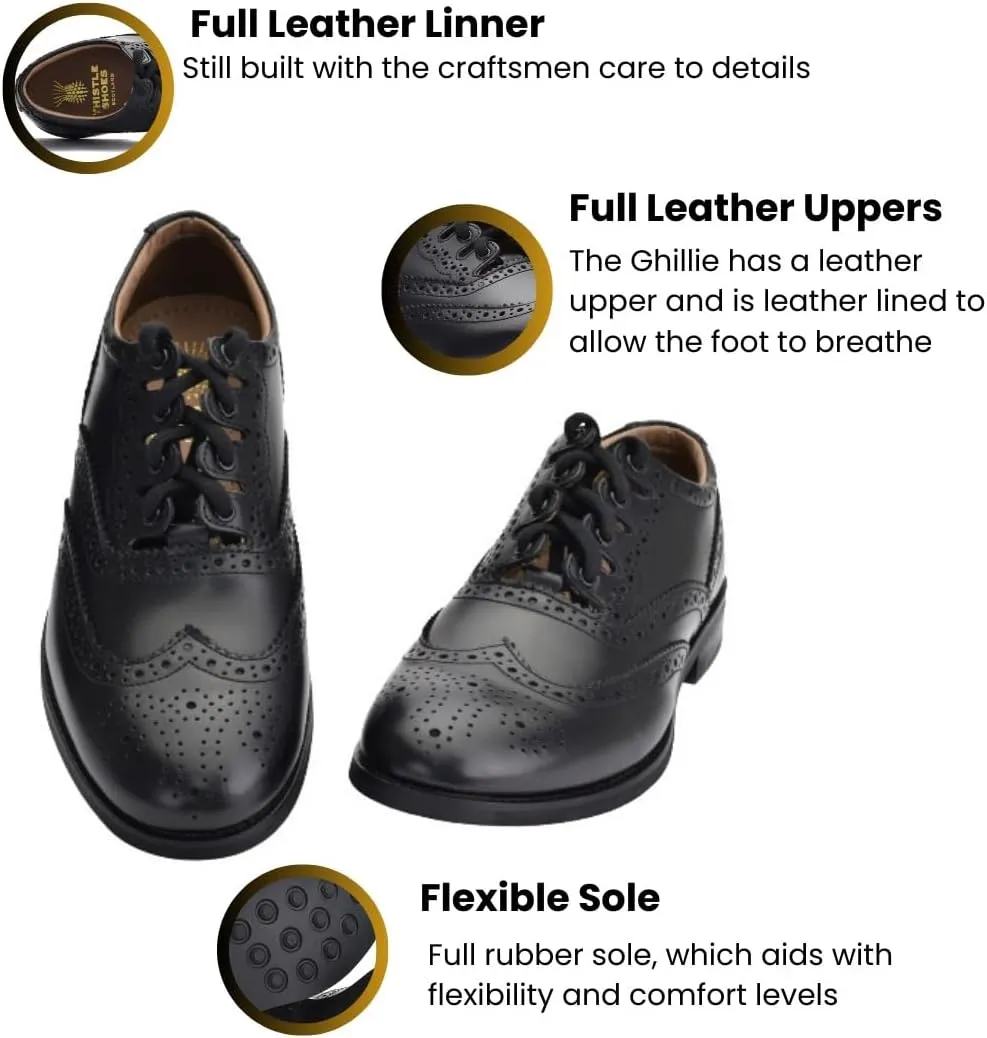 Leather Ghillie Brogue Kilt Shoes Traditional Scottish Piper and Highland Outfit Wedding Shoes Featuring Extra Long Laces & Leather Tassels Style –Eco with Rubber Sole Color - Black Sizes -7-15
