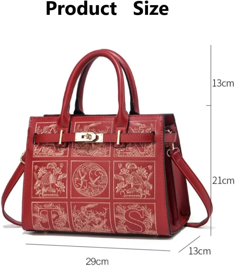 Leather Satchel Handbags for Women Tote Shoulder Bags vintage Crossbody Bag Purse Top Handle bag with Embroidery
