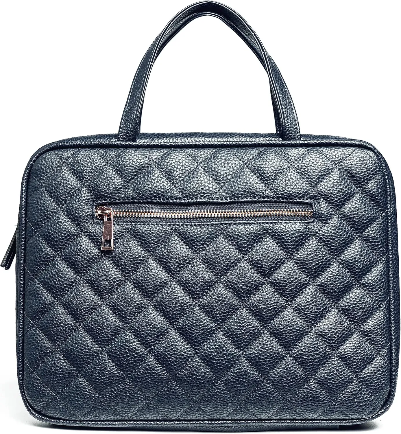 Leather Toiletry Travel Bag for Women - Large Cosmetic Size with 4 Pockets - Rose Gold Hardware and Satin Interior - Dark Blue