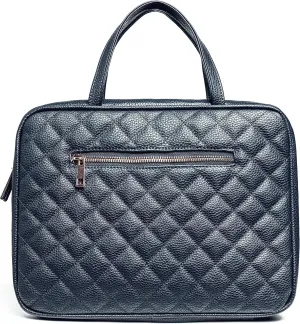 Leather Toiletry Travel Bag for Women - Large Cosmetic Size with 4 Pockets - Rose Gold Hardware and Satin Interior - Dark Blue