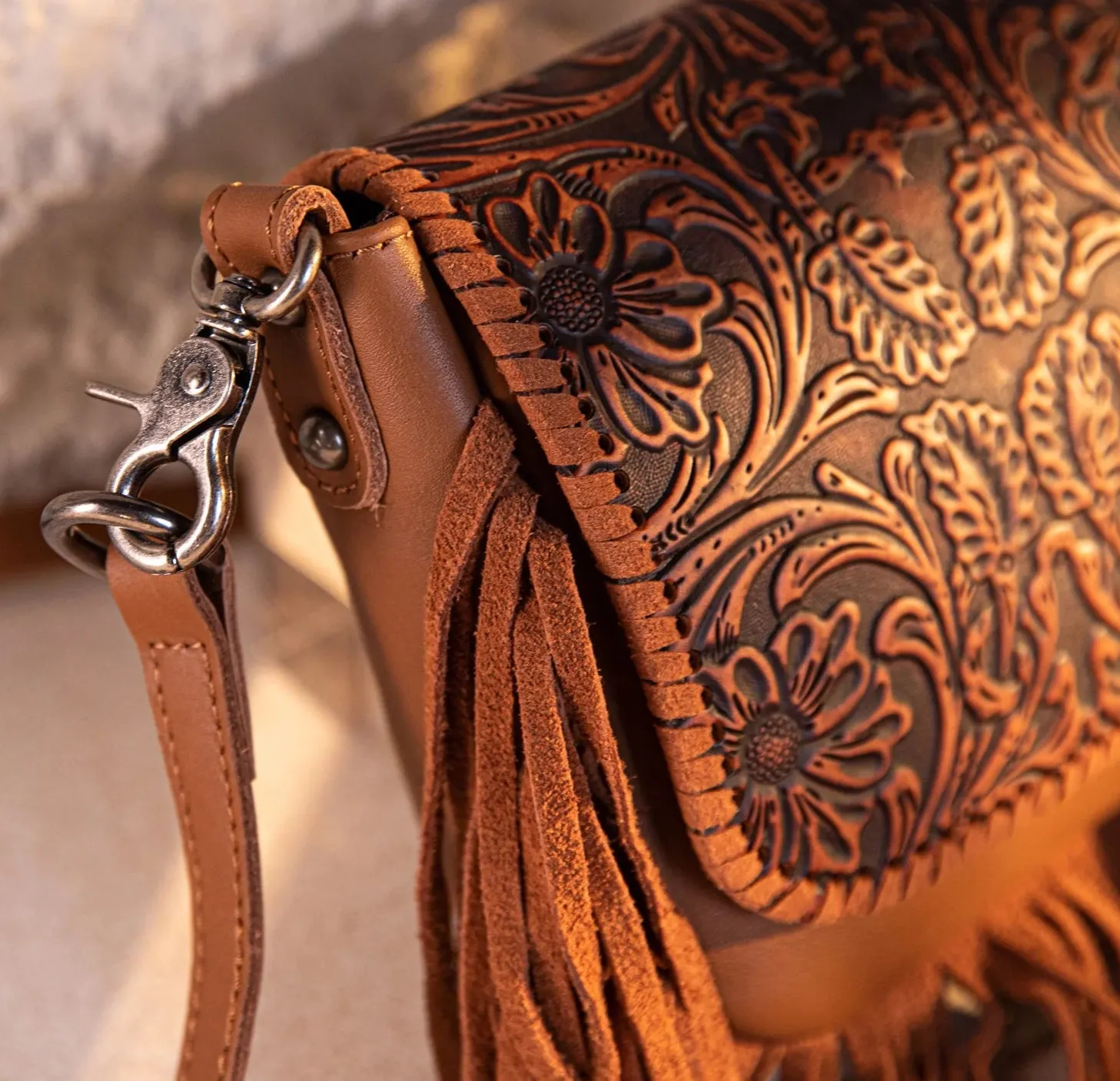 Leather Tooled Fringe Crossbody Purse