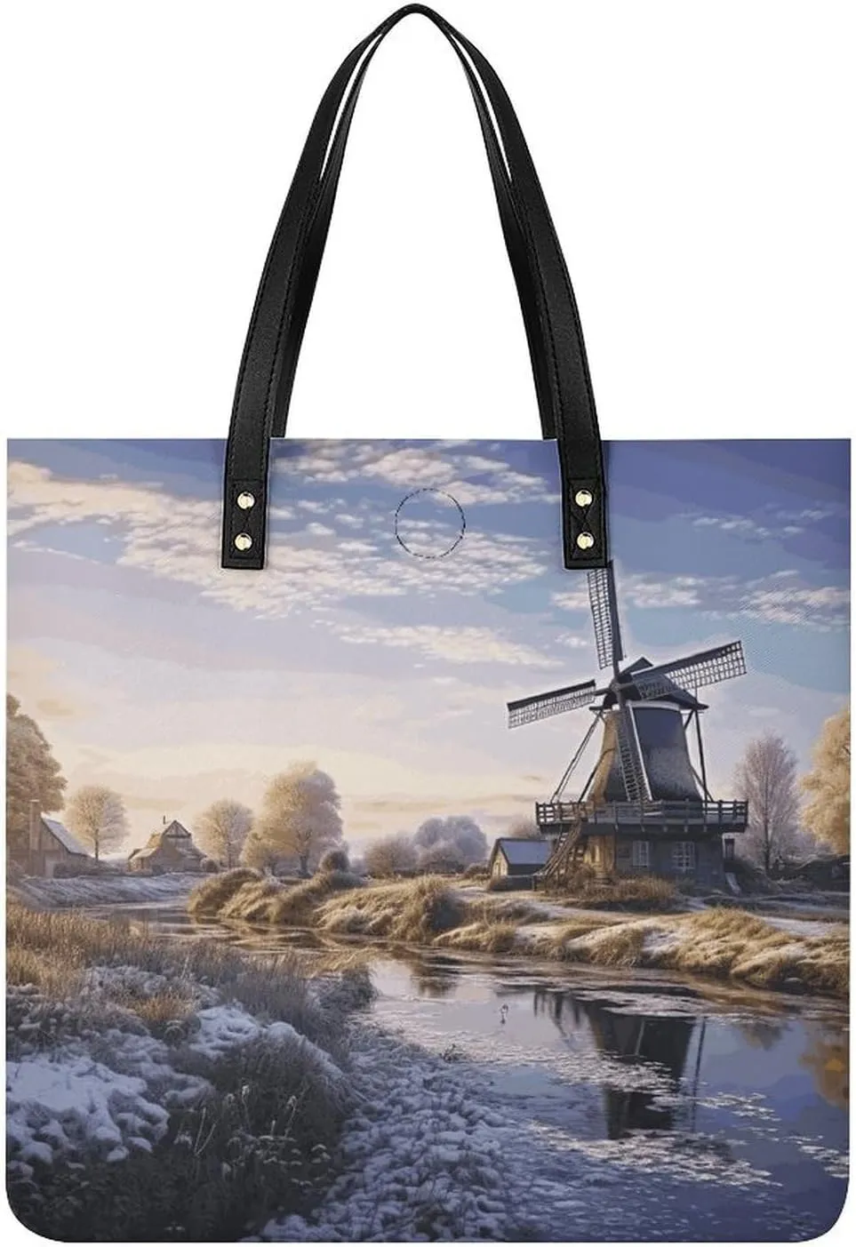 Leather Tote Shoulder Handbag Landscape with A Traditional Windmill Tote Bag for Woman Shopping Bags for Work Travel