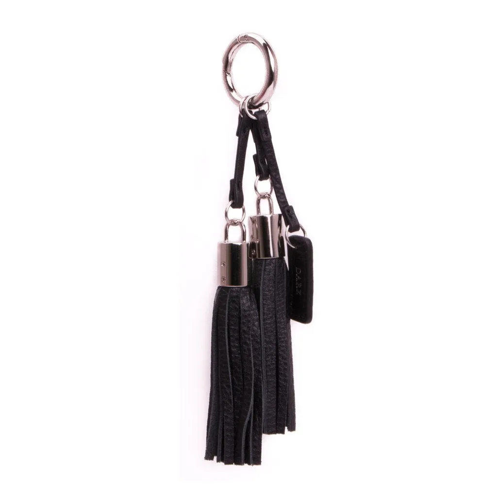 LEATHER TWIN TASSEL BLACK W/SILVER