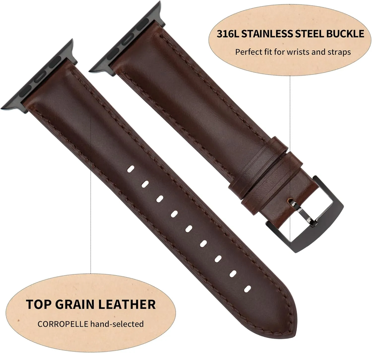 Leather Watch Bands Compatible with Apple Watch 49mm 46mm 45mm 44mm 42mm 41mm 40mm 38mm, Top Grain Genuine Leather Replacement Straps for iWatch Series 10 9 8 7 6 5 4 3 2 1 SE2/1 Ultra2/1