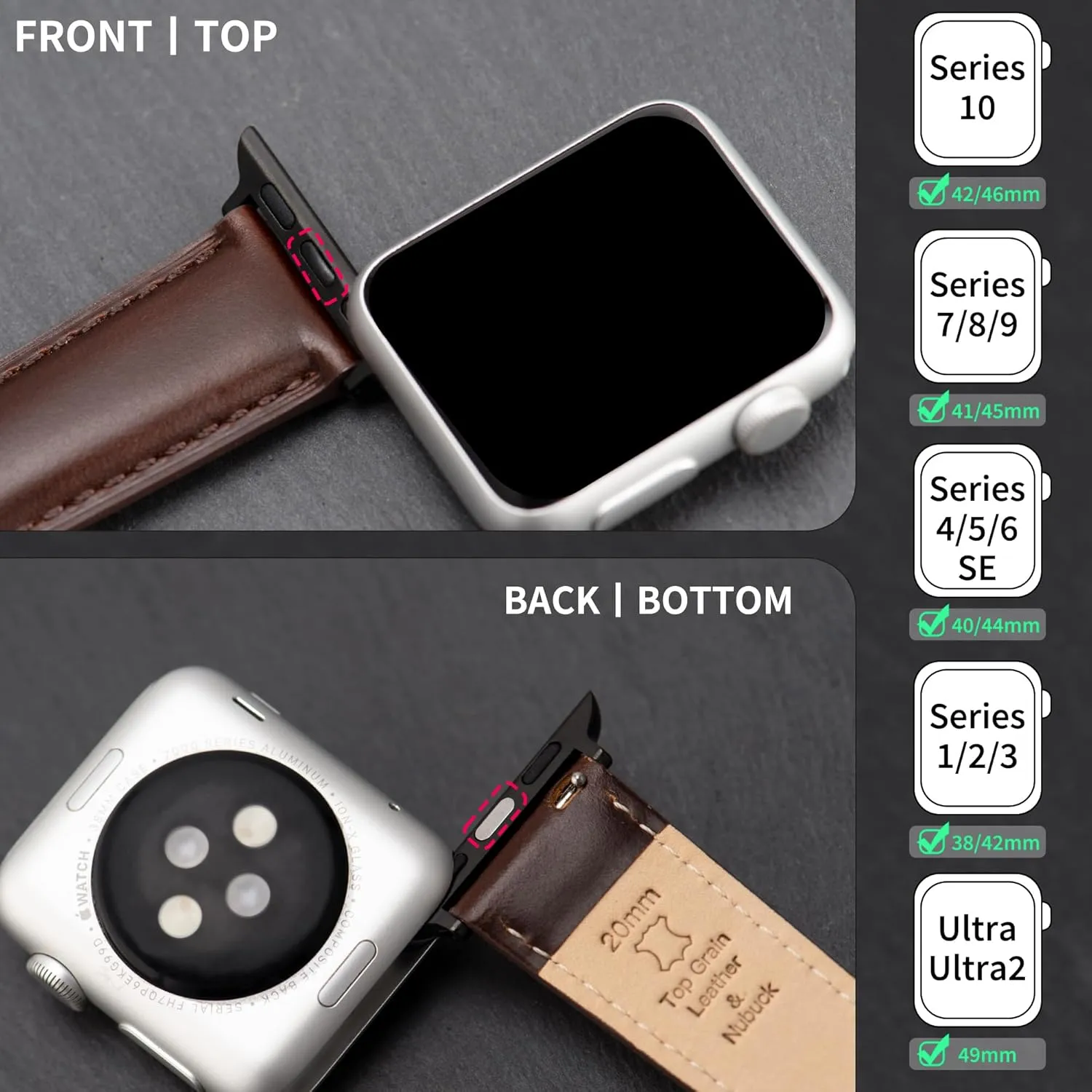 Leather Watch Bands Compatible with Apple Watch 49mm 46mm 45mm 44mm 42mm 41mm 40mm 38mm, Top Grain Genuine Leather Replacement Straps for iWatch Series 10 9 8 7 6 5 4 3 2 1 SE2/1 Ultra2/1