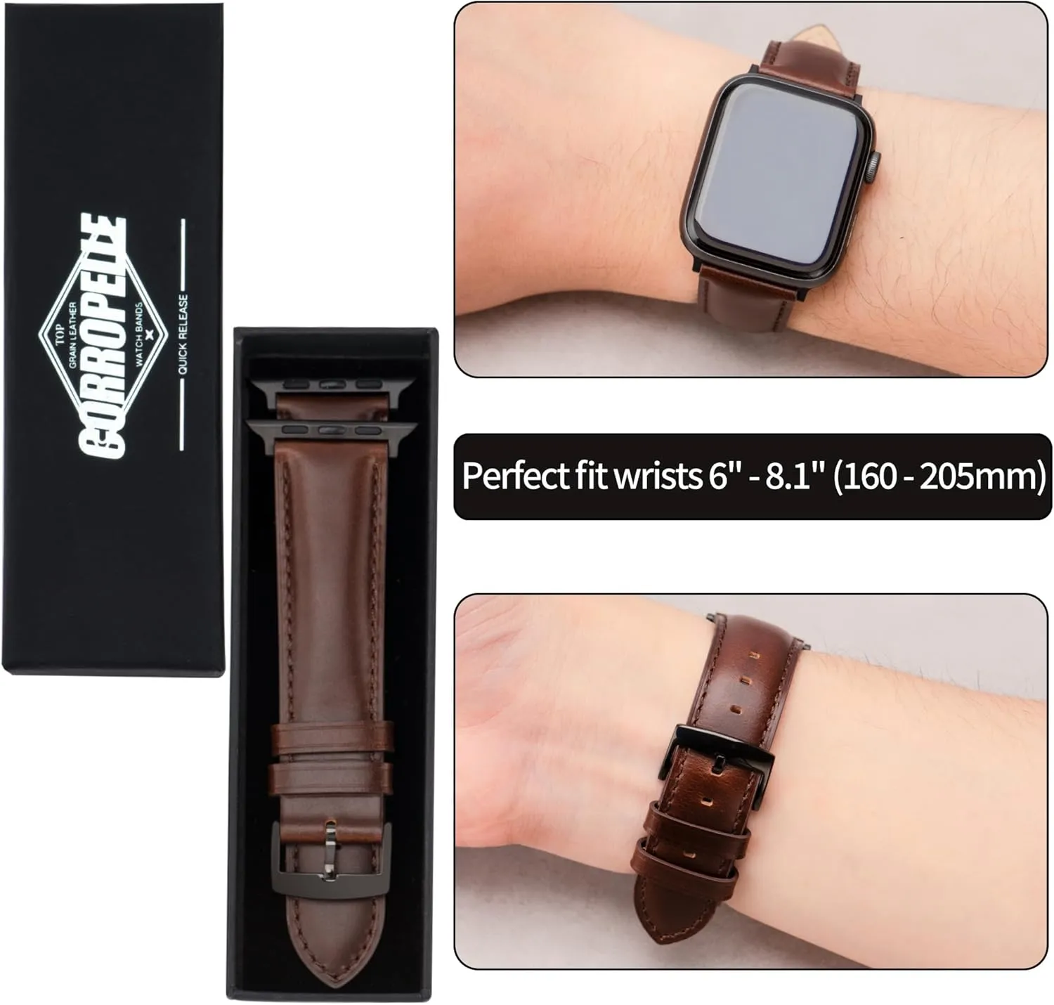 Leather Watch Bands Compatible with Apple Watch 49mm 46mm 45mm 44mm 42mm 41mm 40mm 38mm, Top Grain Genuine Leather Replacement Straps for iWatch Series 10 9 8 7 6 5 4 3 2 1 SE2/1 Ultra2/1
