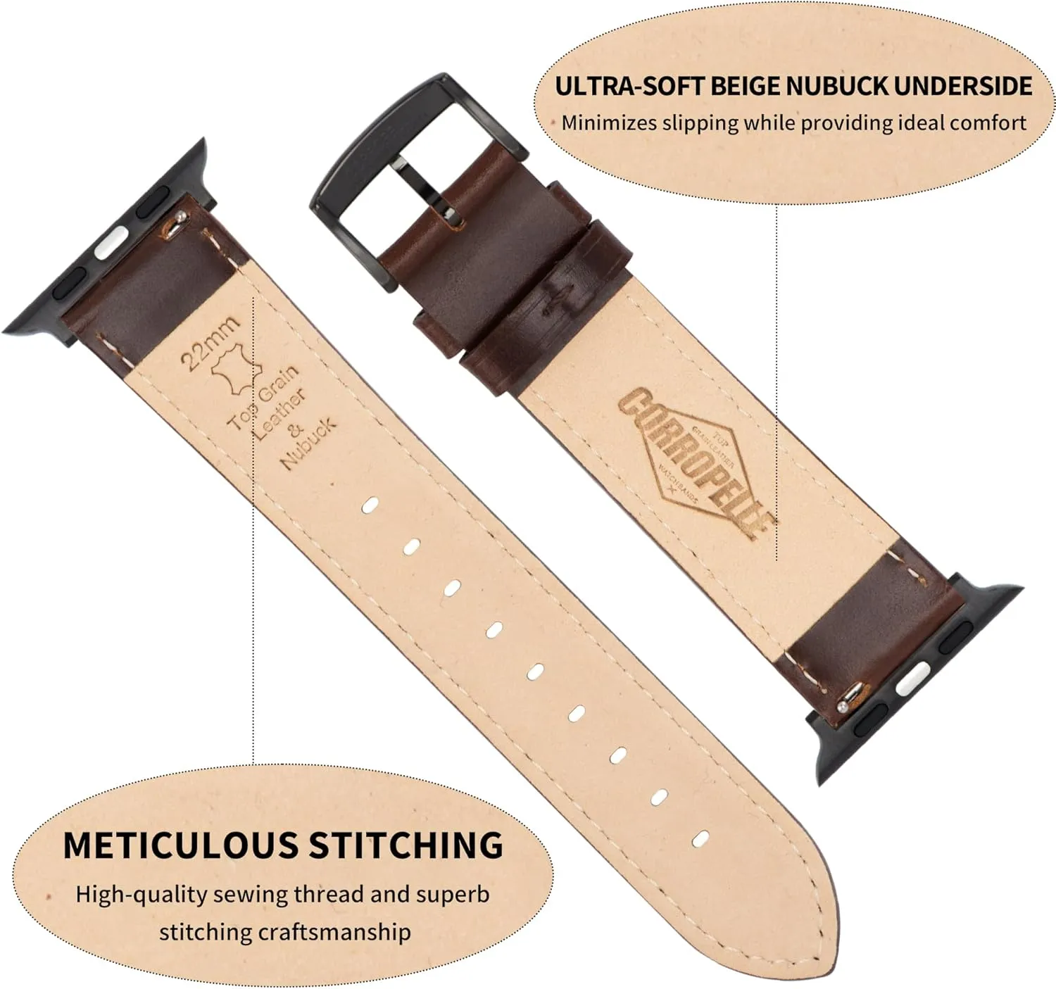 Leather Watch Bands Compatible with Apple Watch 49mm 46mm 45mm 44mm 42mm 41mm 40mm 38mm, Top Grain Genuine Leather Replacement Straps for iWatch Series 10 9 8 7 6 5 4 3 2 1 SE2/1 Ultra2/1